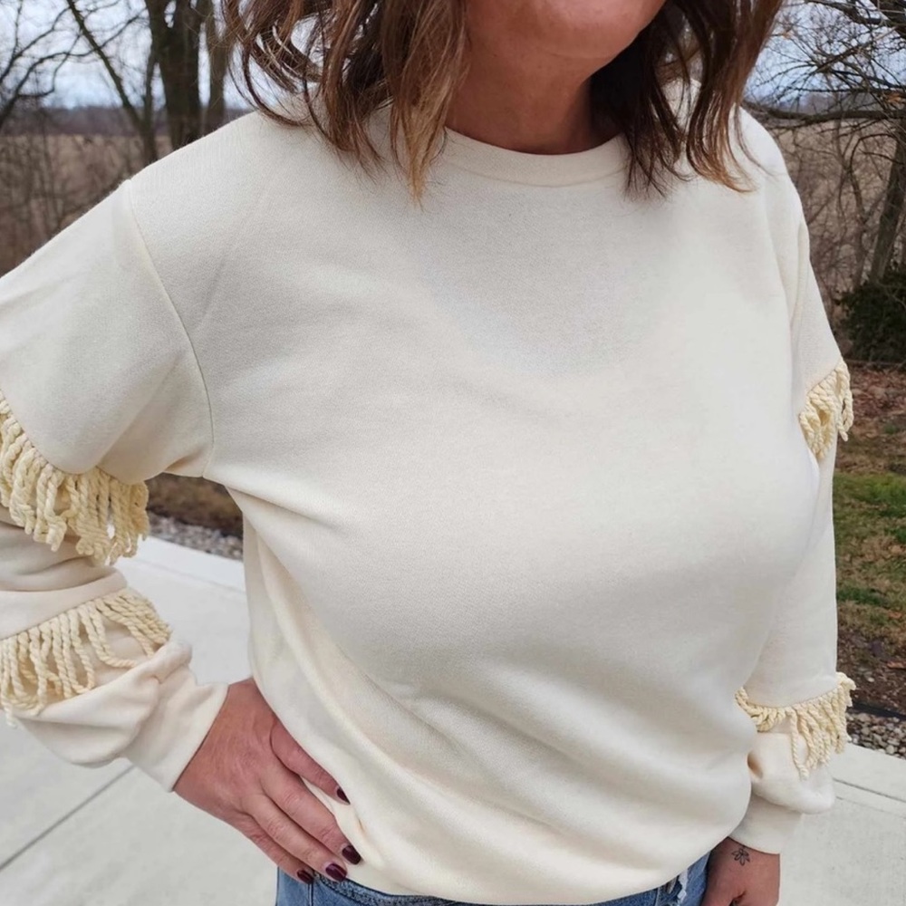 Cream Fringe Sleeve Sweater